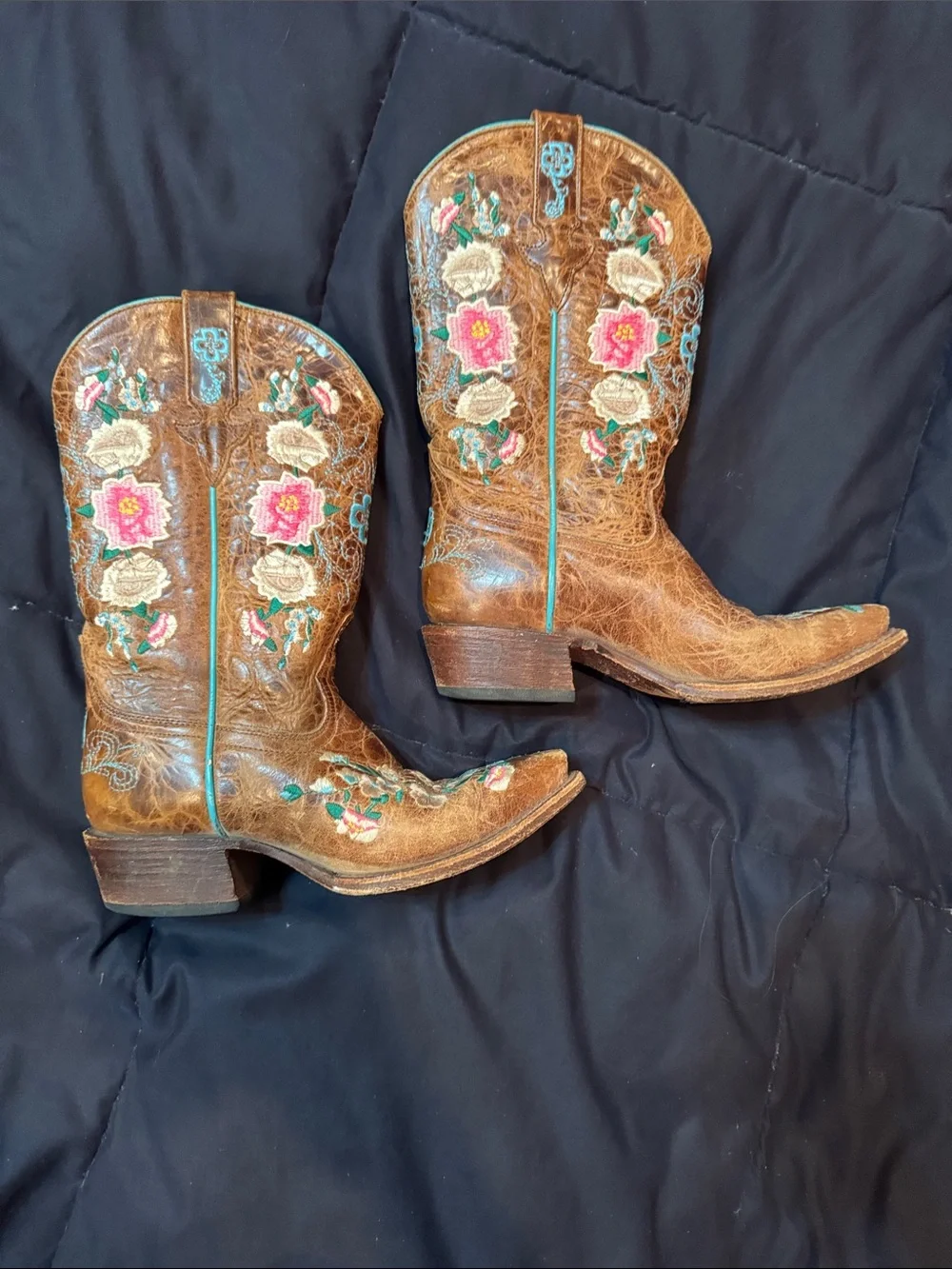 Girls Macie Bean Brown Embroidered Western Boots with Pink Floral Accents